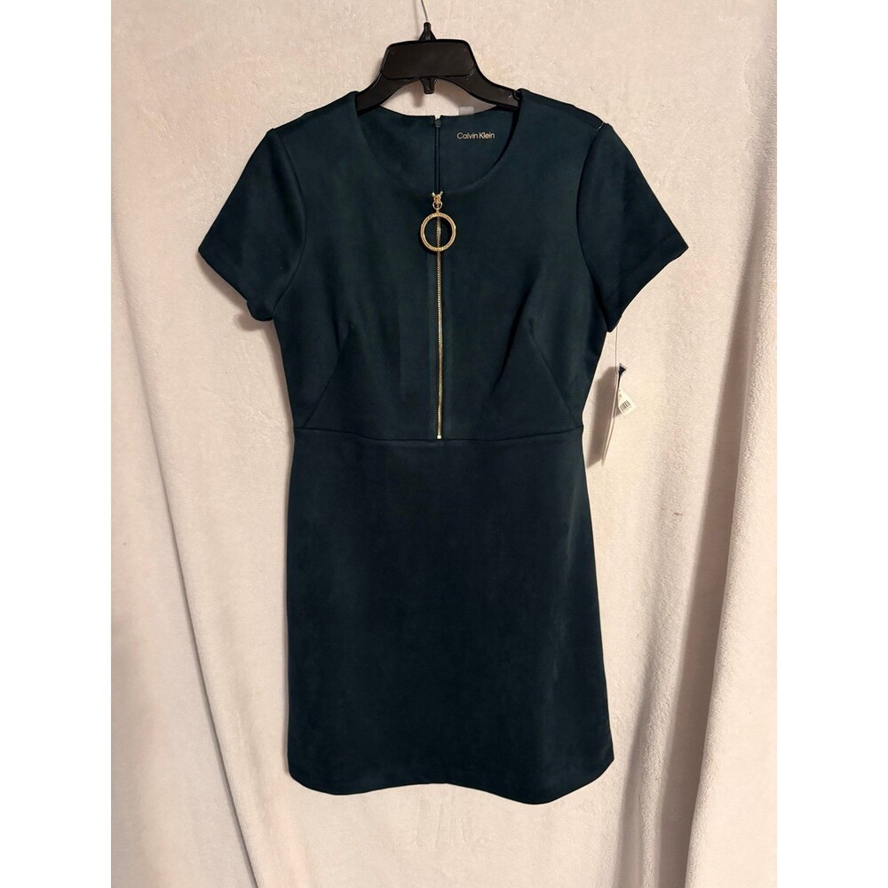 NWT Calvin Klein Green Short-Sleeve Sheath Dress with Gold Ring Zip
